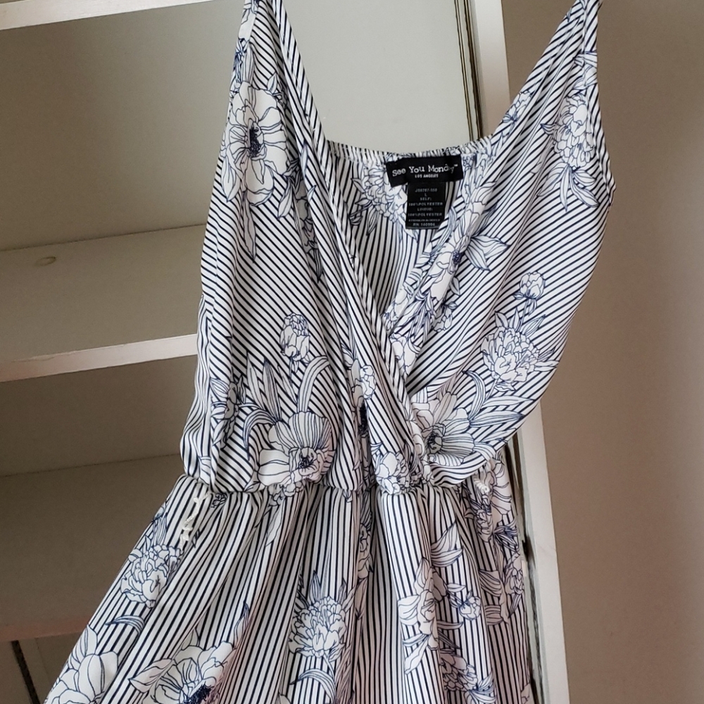 Lined Navy Striped V-Neck Jumpsuit Cinched Waist